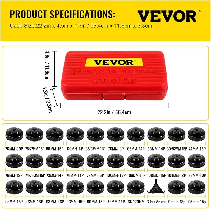 VEVOR Oil Filter Socket Set, 30 Pcs, Steel, Black, 3-Jam Wrench