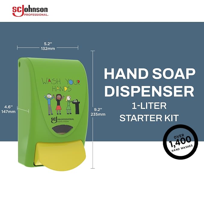 SC Johnson Professional Clear Foam Dispenser and Refill Starter Kit, Kids Wall Mount Soap Dispenser for Hand Soap, 1 Clear Foam Hand Wash, 1 Liter Cartridge, 33.8 fl. oz., for Professional Use Only