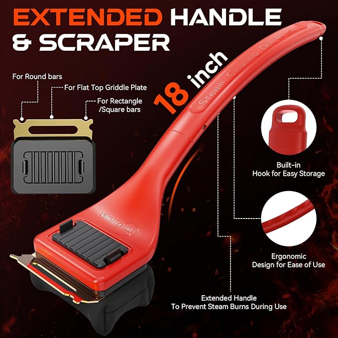 NEWKITCHEN Grill Brush for Outdoor Bristle-Free Steam Cleaning, BBQ Brush Replaceable Kevlar Head with Grill Scraper, Safe Long Handle Barbecue Grill Cleaner