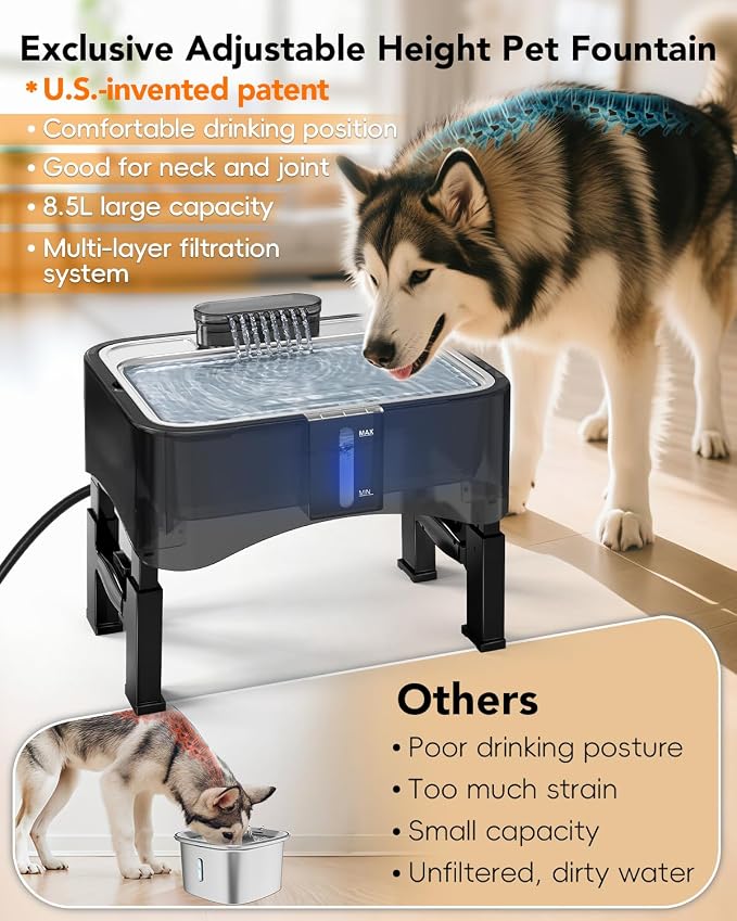 UPSKY 8.5L Elevated Dog Water Fountain with 4 Heights Adjustable, Black | Larger Dog Water Dispenser, 304 Stainless Steel Tray, 5-Layer Filtration, Anti-skid, for Senior/Large Dogs & Multi-pet Homes
