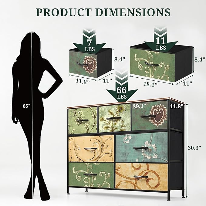 7-Drawer Dresser for Bedroom, Anti-Tip Wide Storage Organizer Fabric Chest of Drawers TV Stand for 45" TV with Wooden Top and Metal Frame for Closet, Living Room, Hallway, Entryway, Floral Painted