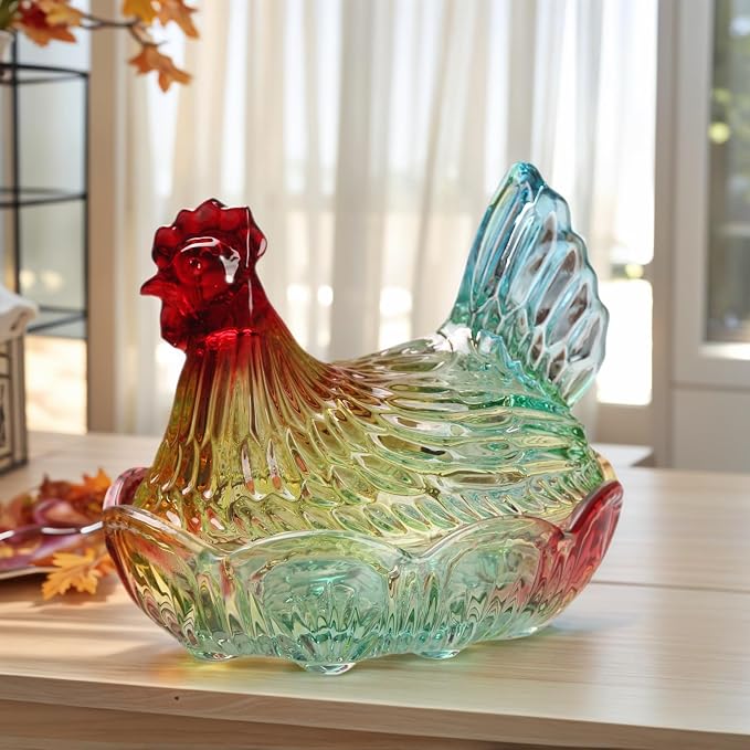 Hen-Shaped Crystal Glass Candy Dish,Pastoral Style Candy Bowl with Lid,Muti-Color Tabletop Dessert Plate Snack Bowl Egg Tray