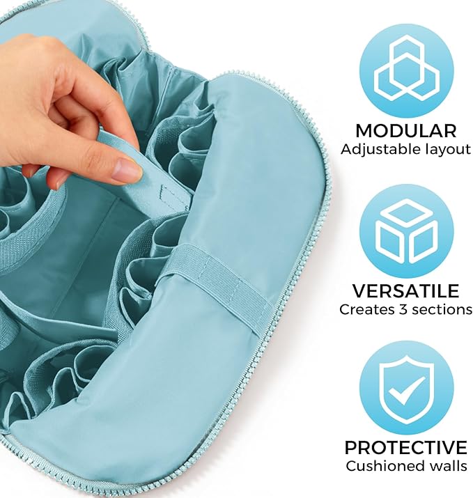 Travel Makeup Organizer Bag with Fold-Down Design and Adjustable Dividers, 27 Pockets & 3 Brush Storage Holders, Large Capacity Cosmetic Bags Toiletry Case - Light blue