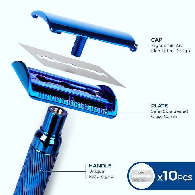 Double Edge Safety Razor with Stand, Version 2.0 Includes 10 Blades | Premium noble blue finish with a vibrant metallic appearance and durable coating.