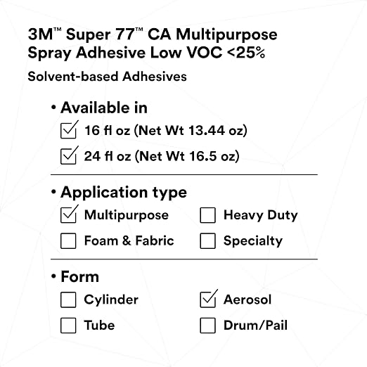 3M Super 77 Multipurpose Permanent Spray Adhesive Glue, Low VOC, Paper, Cardboard, Fabric, Plastic, Metal, Wood, Net Wt 18 oz