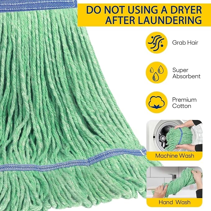 Matthew Cleaning Heavy Duty Mop Head Commercial Replacement for General and Floor Cleaning , Wet Industrial Blue Cotton Looped End String Head Refill (Pack of 12) Green