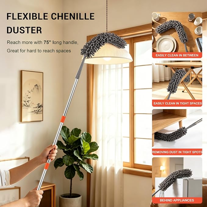 76 Inch Ceiling Fan Cleaner with Long Handle, 360° Fan Blade Cleaner, High Ceiling Duster Cleaning Kit with Cobweb Brush, Chenille and Microfiber Duster for Blinds, Walls and Light Fixtures