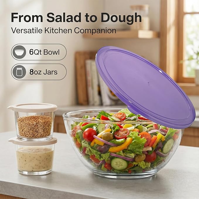 6QT Extra Large Glass Mixing Bowls Clear Glass Salad Cooking Bowls for Kitchen Salad Bread Storage with 8oz Small Bowls,Ideal for Kitchen Storage ﻿