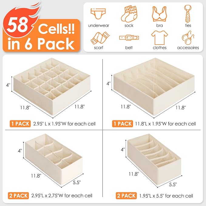 Criusia 6 Pack Sock Underwear Drawer Organizer Dividers, 58 Cell Foldable Fabric Dresser Closet Organizers and Storage Bins for Clothing, Baby Clothes, Bra, Panty, Scarf, Ties (Beige)