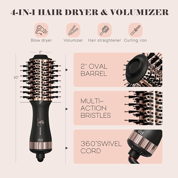 120-240V Travel Brush Hair Dryer, Small Hair Straightener Brush with European Plug Adapter for International Travel, 4 in 1 Hot Air Styler & Dryer for Drying Straightening Curling Volumizing