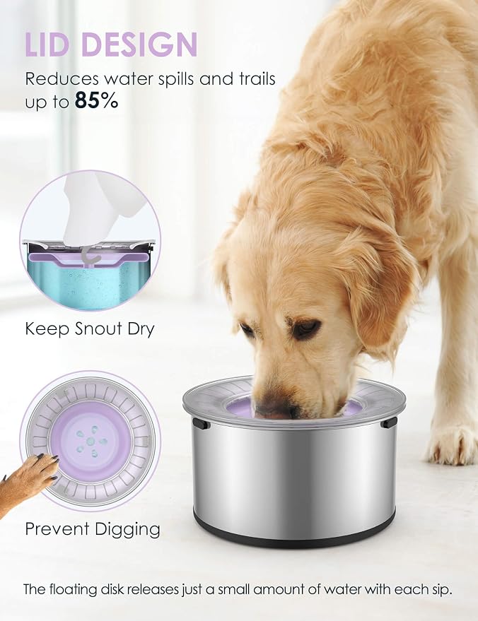 Heouvo 1 Gallon No Spill Dog Water Bowl with Slow Drinking Disk(Purple) | Splash-Proof Lid + Stainless Steel Bowl/Rubber Bottom/Slobber Stopper Water Bowl for Large Sloppy Messy Drinkers Reduce Mess