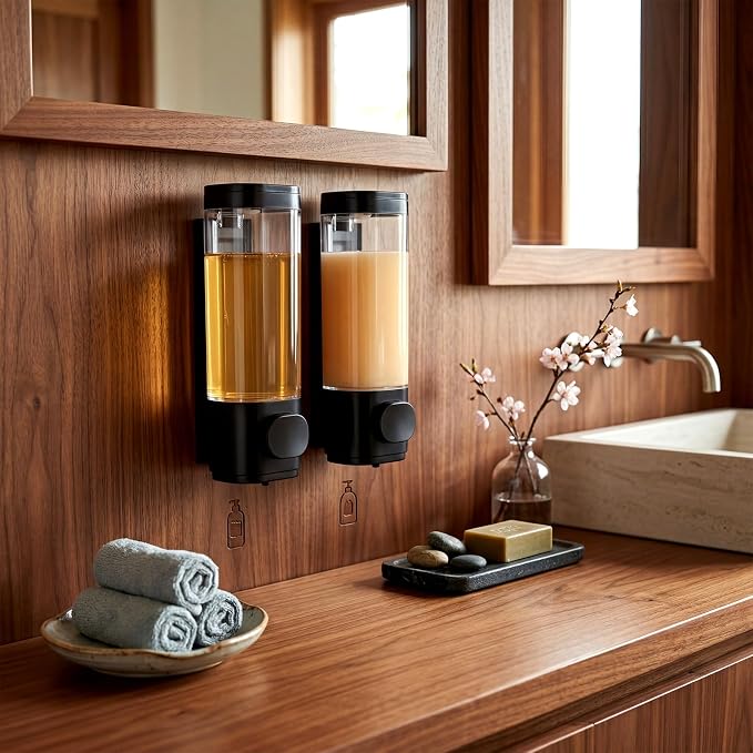 Junkin 6 Pcs Manual Bathroom Wall Mounted Soap Dispenser 300ml Black Kitchen Bathroom Commercial Shower Clear Refillable Soap Dispenser Clear Plastic Refillable Liquid Lotion Pump and Organizer