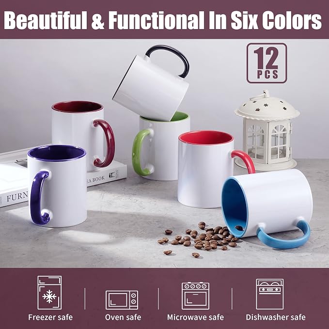 TANGLONG Sublimation Mugs 11 oz Set of 12 Sublimation Blank with Box Bulk Coffee Mugs Coffee Cups Tazas Para Sublimar 6 Assorted Colors