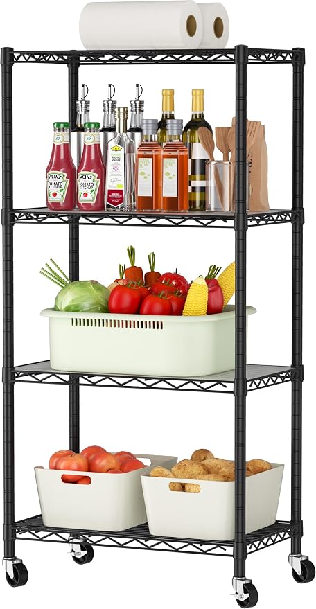 Golpart 4 Tier Shelves Storage Shelf Wire Closet Bathroom Organizers Metal Pantry Kitchen Garage Shelving Unit Laundry Room Organization Home Rack Net Basket Black with Wheels 14”D X 24”W X 48.9”H