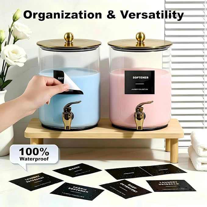 Glass Laundry Detergent Dispenser,1 Gallon Large Liquid Soap 2 Pack(Gold) | Complete borosilicate jars set with leakproof spigots, protective silicone mats, minimalist labels, and dosing cups