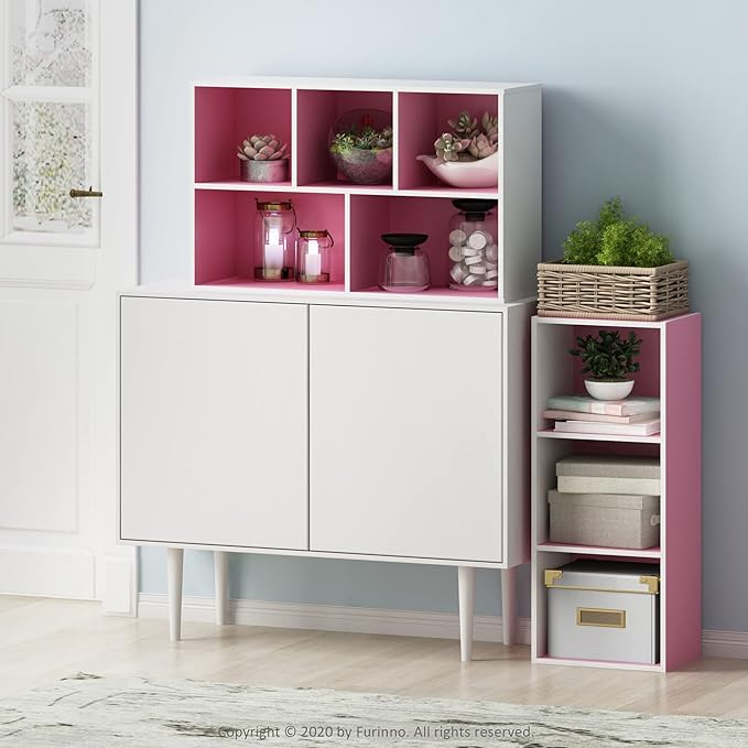 Furinno LUDER Book Shelf, 3-Cube Bookshelf, Bookcase with Open Shelves, 9.3 x 12 x 31.5, Easy Assembly, for Living Room, Bedroom, Home Office, White/Pink