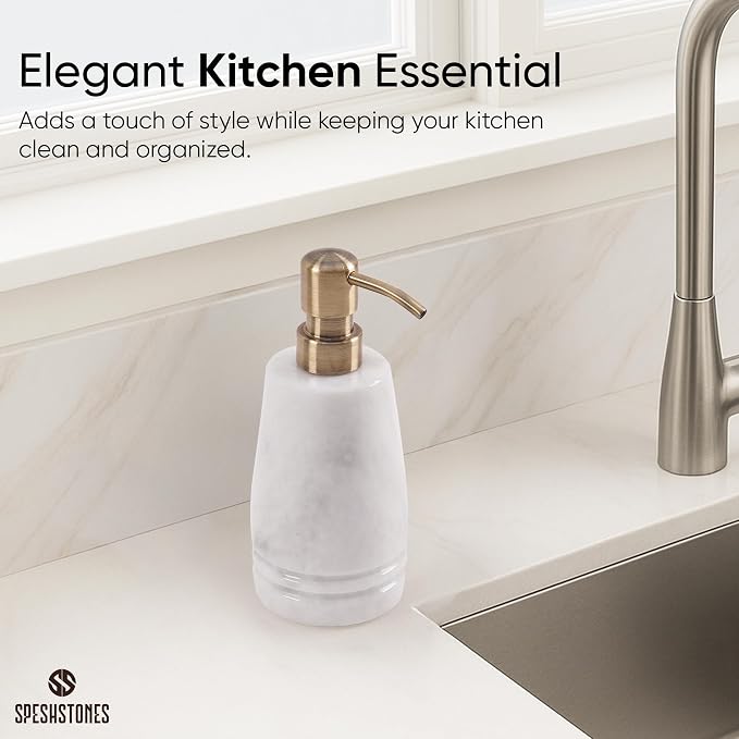 Marble Soap Dispenser 7.5'' White Dish Soap Dispenser with Stainless Steel Pump, Refillable Liquid Hand Soap Dispenser with 8.5 Oz Capacity for Kitchen Sink and Bathroom Countertop