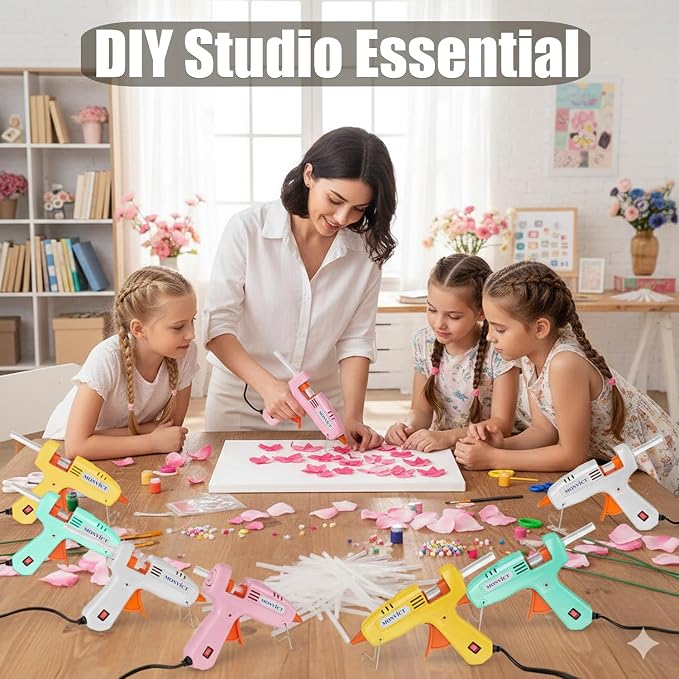 MONVICT 8 Pack 30W Hot Glue Gun Set with 50 Glue Sticks, High Temp Mini | 2 Each of Pink/White/Lake Blue/Yellow - Easy to Use for DIY Crafts, Arts, Class Projects, Home Repairs