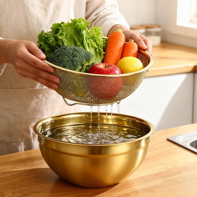 LemonRoad 10 Pcs Gold Kitchen Accessories Set, Includes Gold Mixing Bowls with Airtight Lids, Stainless Steel Colander, Grater Slicer, Lemon Squeezer, Peelers, Egg Whisk, Measuring Cups and Spoons