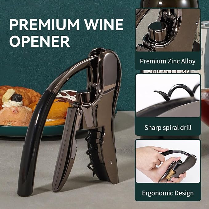 Rabbit Wine Opener, Easy Lever Corkscrew Gift Set | Zinc Alloy Rabbit Corkscrew Opens Bottles In Seconds, Arthritic Hands Friendly, Includes Foil Cutter And Extra Spiral