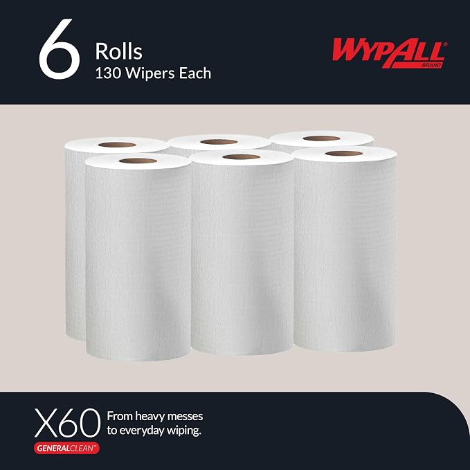WypAll GeneralClean X60 Cloths Multi-Task Cleaning Wipes (35421), Strong and Absorbent Towels, White (130 Sheets/Roll, 6 Rolls, 780 Sheet Total)