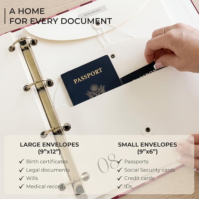 Document Organizer Binder for Important Papers & Passports, Sangria