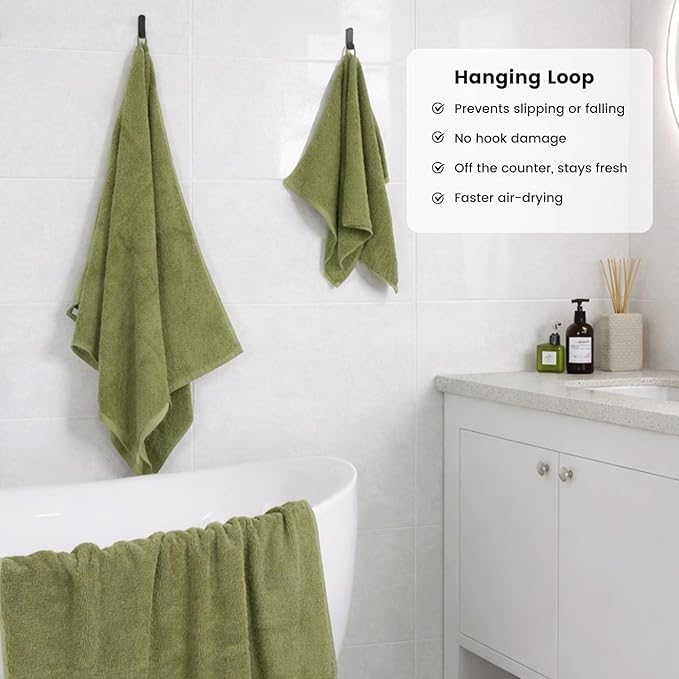 SEMAXE Bath Towel Set, 12 Piece Cotton Towel Set for Bathroom, More Towels for Family Use, Quick Dry with Hanging Loops, Easy Care, Green