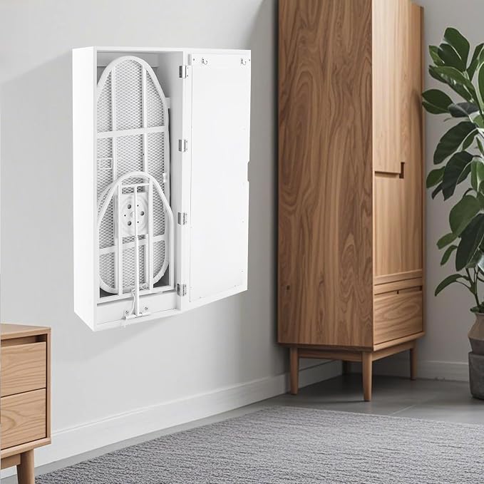 Wall Ironing Board Cabinet 180° Swivel with Mirror & Storage, Hooks, White | 180° swivel ironing board + full-length mirror + irons storage shelf + hooks. Holds 22 lbs. Folds to 8"D. For Home Apartment