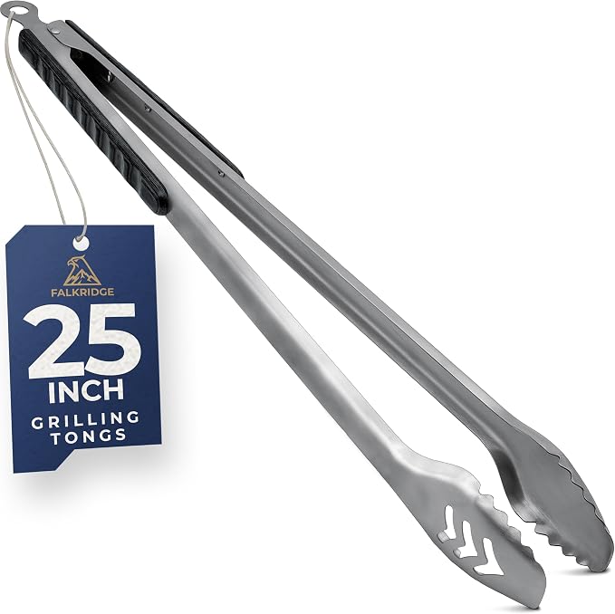 25-Inch Heavy Duty Metal Grill Tongs for Outdoor Grill & Log Fire | 1.0mm Thick stainless steel & Pakkawood handles. Extra Long Metal BBQ Tongs for Grilling Charcoal Cooking, Fire Pit Tools