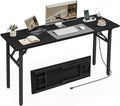 XBurmo Small Folding Desk Folding Table, No Assembly Foldable Desk Gaming Desk, 55.1-Inch Computer Table Workstation with 2 AC Outlets and 2 USB Ports for Bedroom and Home Office, Dark Oak