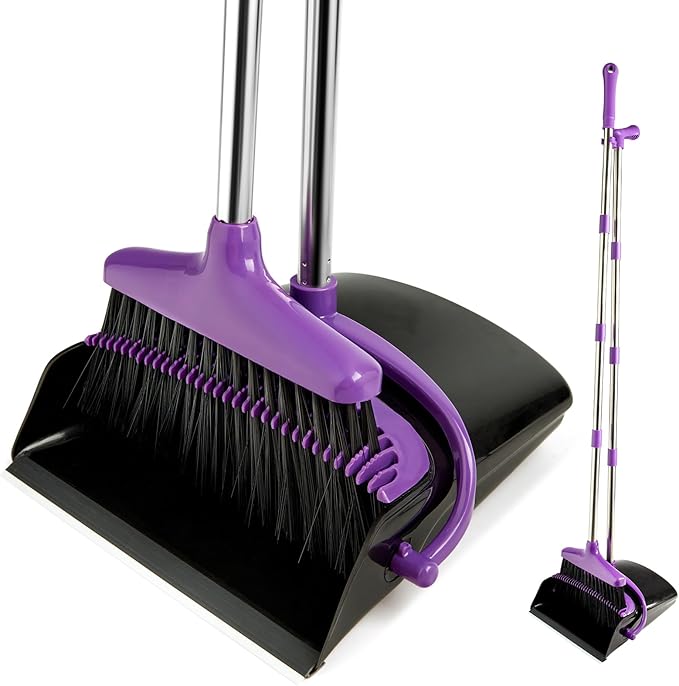 Broom and Dustpan Set with Long Handle, Light Weight Stainless Steel Poles Stand Upright Dustpans with Broom Combo for Home Kitchen Office Pet Dog Hair, 1-Pack (Purple)