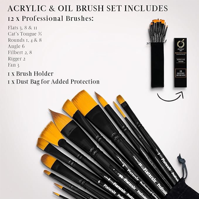 Pinturale Arts Set of 12 Acrylic Paint Brushes Professional | Acrylic & Oil Masters | Oil Painting Brushes | Handmade Paint Brush Set for Acrylic Painting