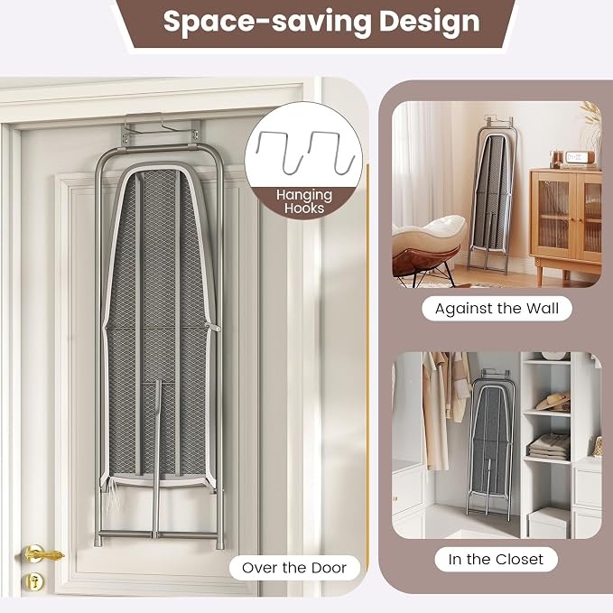 COSTWAY Over the Door Ironing Board, Space-Saving Metal Hanging Iron Board | Iron Holder & Cotton Cover, Compact Fold Down Iron Stand for Home, Apartment, Laundry Room, Dorm (35"L x 17"W x 47"H)