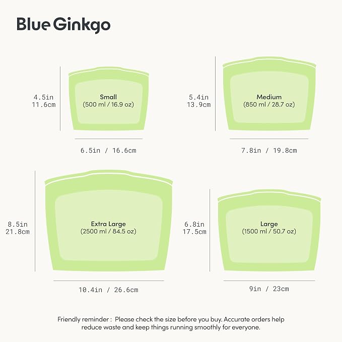 Blue Ginkgo Reusable Silicone Storage Bags – 4-Pack | Korean-Made Stand Up Food, Freezer Bags - Olive Green