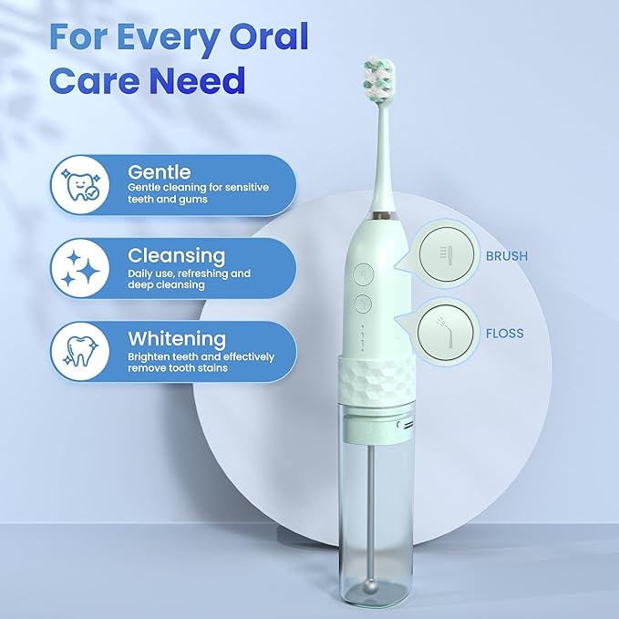 Electric Toothbrush with Water flosser, 2 in 1 Teeth Cleaning Kit, Toothbrush and Water flosser Combo, Travel Toothbrush with Water Bottle(Green)