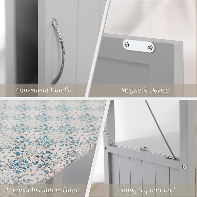 Ironing Board with Storage Cabinet, Ironing Station with Extra Storage | Ironing Board Cabinet with Heat-Resistant Pad, Ironing Table, Wood Folding Ironing Board for Small Spaces, Laundry Room, Grey