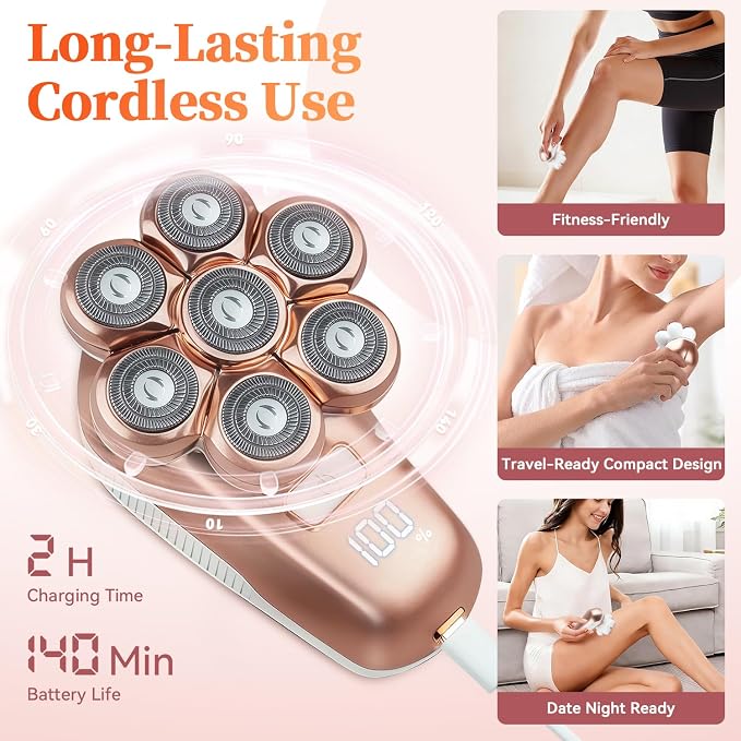 Electric Razors for Women, 5-in-1 Electric Shaver with 7D Magnetic Head, IPX7 Waterproof Wet Dry Hair Remover with LED Display, Travel Lock for Body Face Underarms Bikini Legs (Rose Gold)