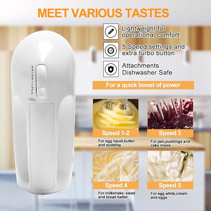 WEPSEN 5-Speed Electric Hand Mixer, 4 Large Mixing Bowls Set, Handheld Mixers with Whisks Beater, Stainless Steel Metal Nesting Bowl Measuring Cups Spoons Kitchen Cake Blender for Baking Supplies
