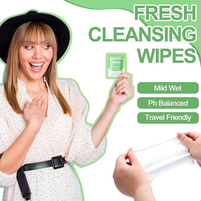 300 Pieces Bulk Feminine Wipes Individually Wrapped Travel Size Women Unscented Intimate Period Cleansing Wipes Deodorant Feminine Products Care Kits Private Parts Ph Balanced(Green)