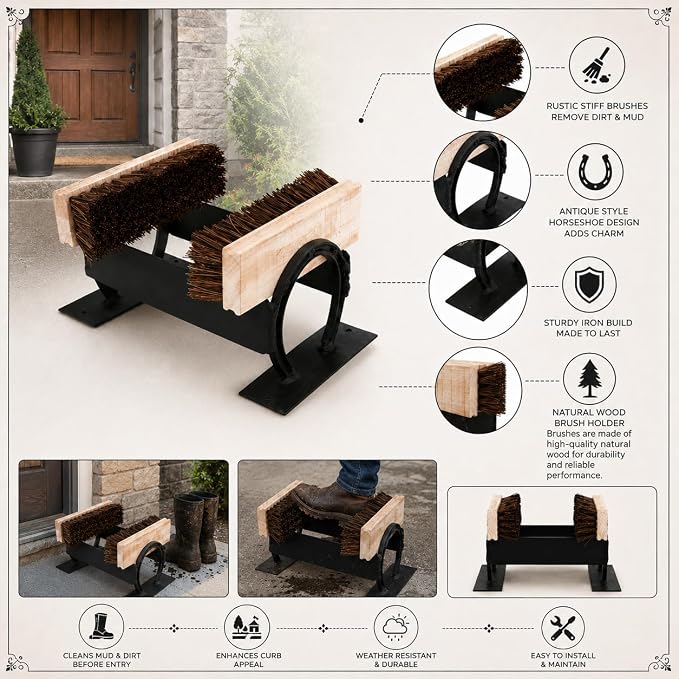 Renovators Supply Cast Iron Horseshoe Boot Scraper with Brushes | Decorative horseshoe design • Pre-assembled for convenience • Suitable for porches and entryways