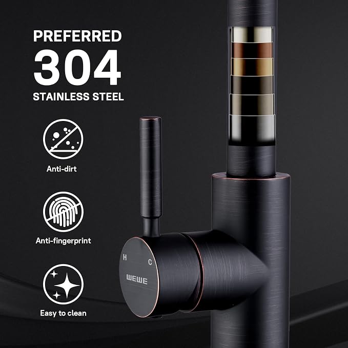 WEWE Kitchen faucets with Pull Down Sprayer, Farmhouse Kitchen Faucet Oil Rubbed Bronze Commercial Modern high arc Stainless Steel Single Handle Single Hole for Utility rv Laundry Sinks