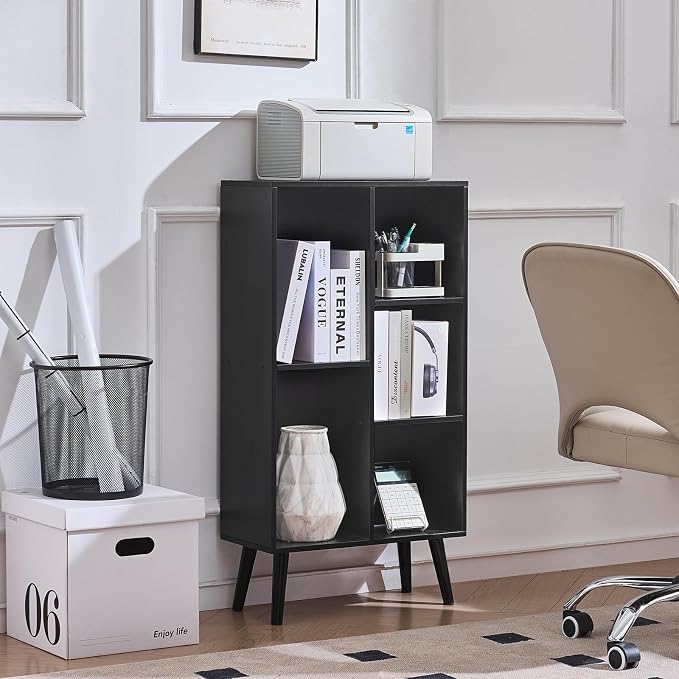 LEYAOYAO 5 Cube Bookshelf, Mid-Century Modern Book Shelf with Legs, Black | 3 Tier Bookcase, Rustic Wood Bookshelves Freestanding Small Storage Organizer, Open Shelves for Bedroom, Living Room, Office