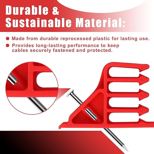 Multi CableStaples Compatible with Romex Clips, Cable Clip Stackers 100 Pack Red with Steel Nails, Electrical Wire stackers, Insulated Cord Staples Multi Cable Wire Clips for Suitable Most Cables
