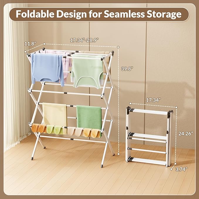 Foldable Clothes Drying Rack - 3-Tier Laundry Drying Rack, Collapsible Metal Indoor Airer, Portable X-Type Clothing Dryer with Shoe Hanger for Home & Balcony (No Assembly Required)
