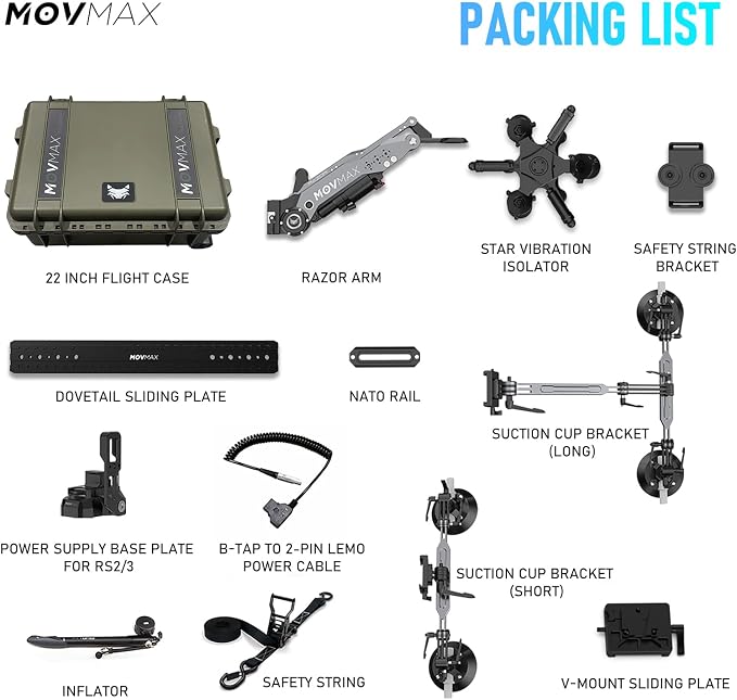 MOVMAX Razor Arm Air Shock Absorption Car Mount Shooting System for DJI Ronin Series(eg:RS4 Pro/RS4/RS3 Pro), Four Suction Cup Car Mount Kit,Gimbal Stabilizer with 22 Inch Storage Case(Green)