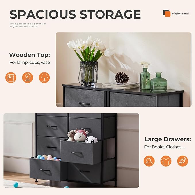 Sweetcrispy Dresser for Bedroom, Fabric Dresser with 8 Drawers, Ash | Chest of Drawers for Closet, Living Room, Sturdy Steel Frame, Wooden Top, Easy Pull Handle