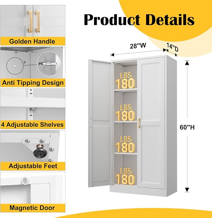 Steeloong 60"Metal Pantry Storage Cabinet with Doors & 3 Adjustable Shelves | Kitchen Pantry Cabinet,White Kitchen Cabinet with 2 Gold Handles,Tall Cabinet for Livingroom,Pantry, Bathroom,Kitchen