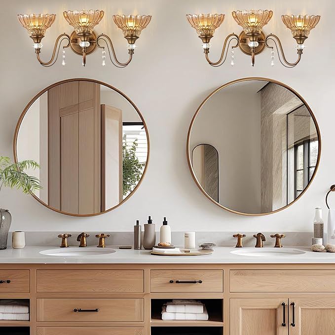 Vintage Bathroom Vanity Light, 3-Light Matte Antique Brass Finish Wall Sconce with Hanging Crystal Accents and Flower-Shaped Amber Glass Shades, Retro Wall Mount Vanity Light Over Mirror for Bathroom