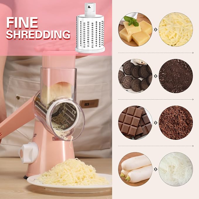 Cambom Rotary Cheese Grater Hand Crank Cheese Shredder for Fresh Cheese, Vegetable, Nuts,Non-slip Suction Base，Three Blades,Pink