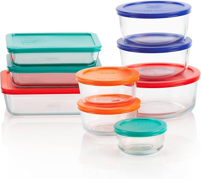 Pyrex Simply Store (9-Pack) Mixed Sized Glass Food Storage Set, Round & Rectangular Containers With Plastic Lids, BPA-Free, Dishwasher & Microwave Safe
